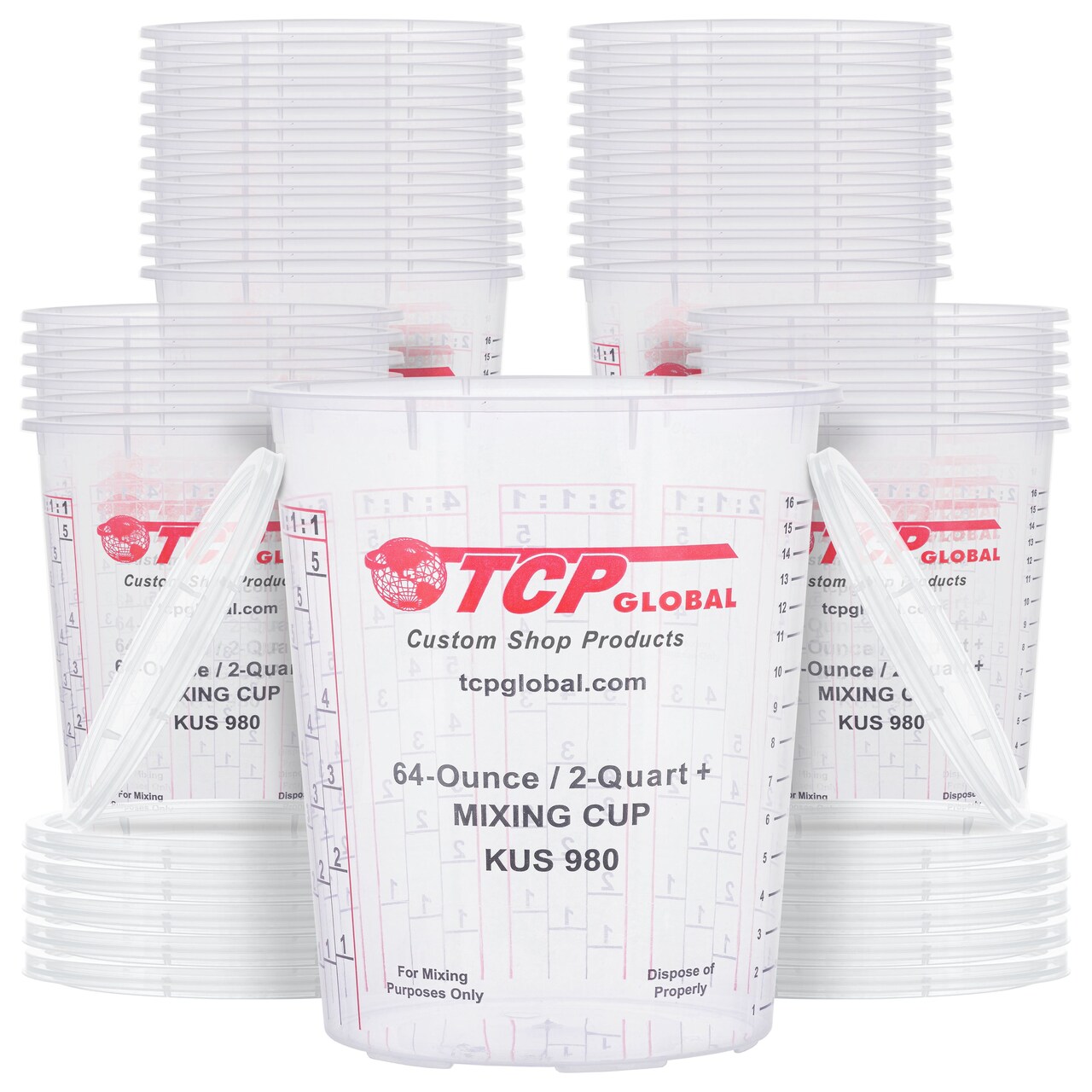 Custom Shop Paint Mixing Cups, 64-Ounce (36 Pack) - Plastic Measuring Cups for Liquids, Automotive Painting, Epoxy Resin, Acrylic Arts, Crafts, Disposable or Reusable, Graduated, Mixing Ratios